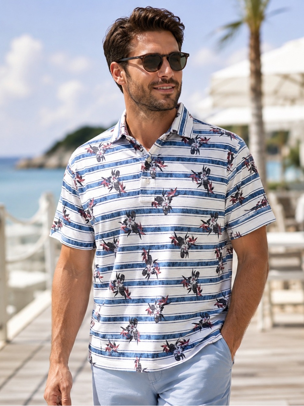 Cremieux Classics Men’s XL Tropical Floral Stripe Polo Shirt Blue White